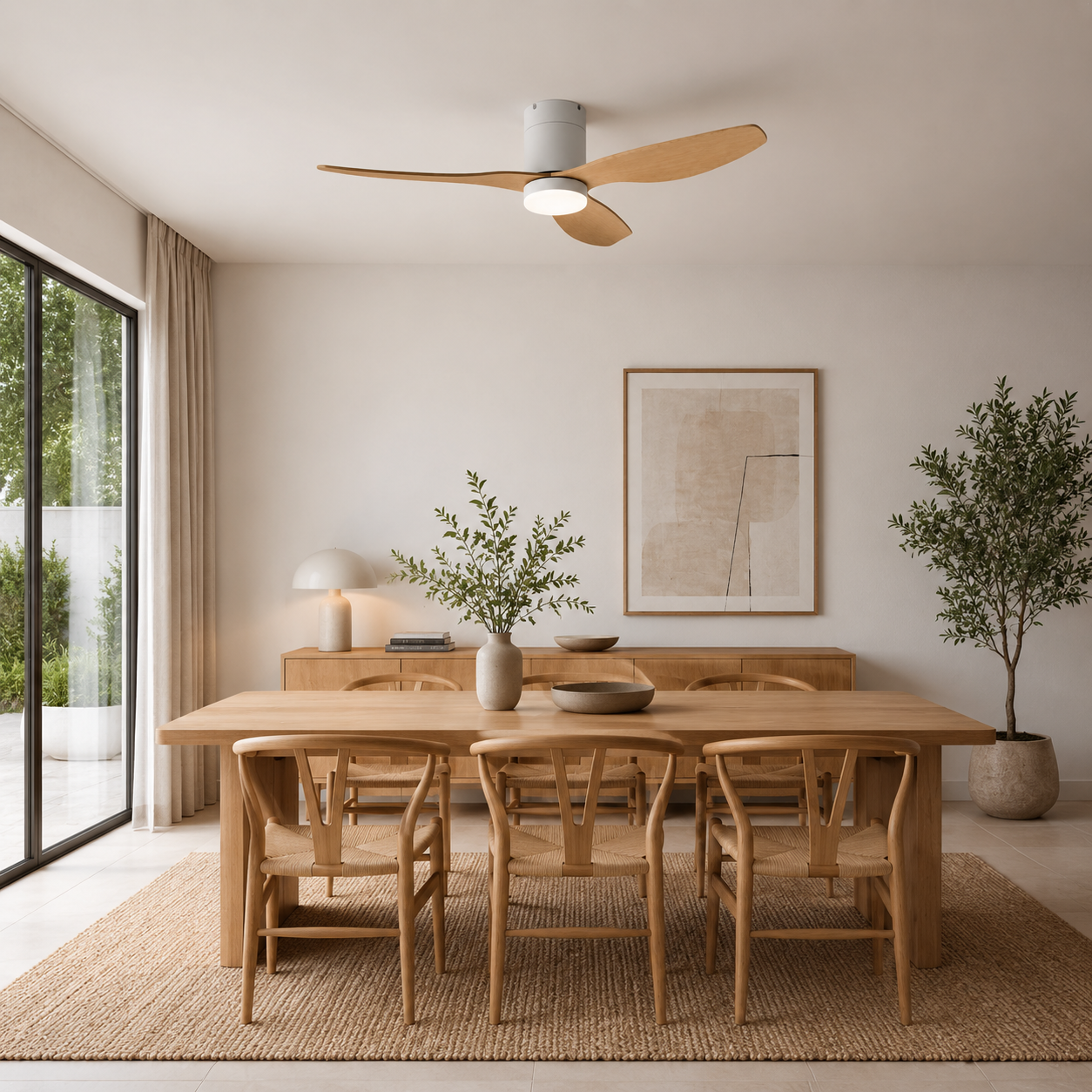 Agua - Ventilateur de plafond LED intégrée blanc et bois clair