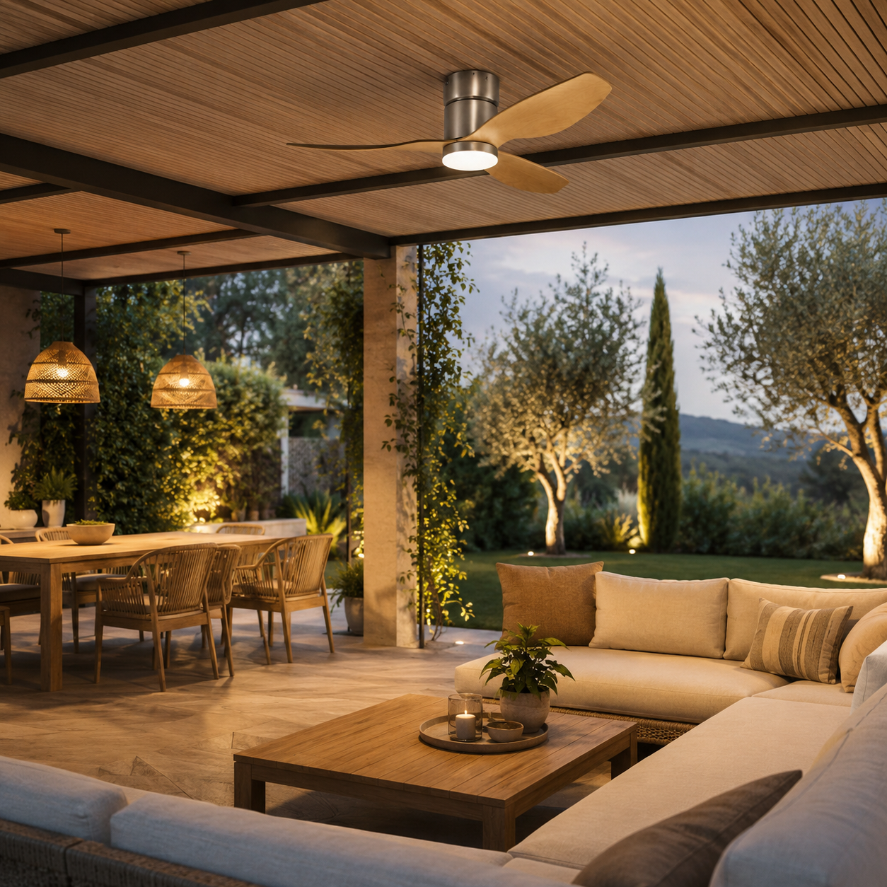 Helios - Ventilateur de plafond LED | Argent et bois clair