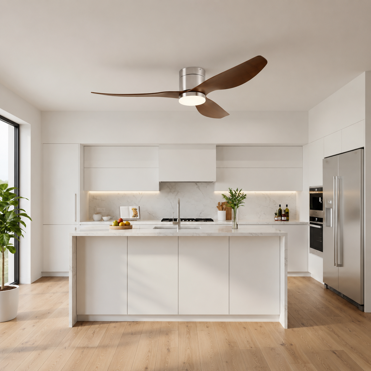 Mykonos | Ventilateur de plafond LED intégrée argent et bois foncé