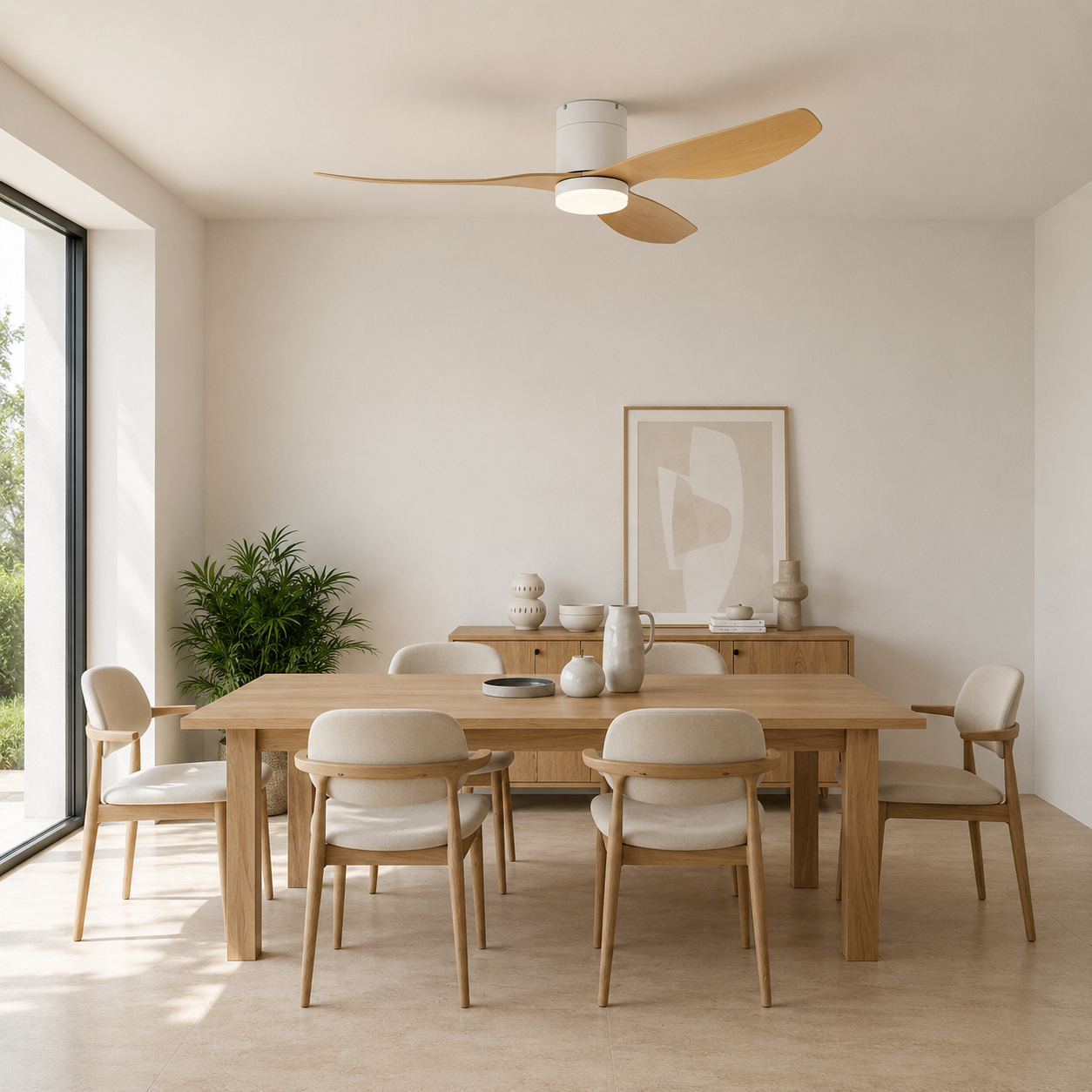 Agua - Ventilateur de plafond LED intégrée blanc et bois clair