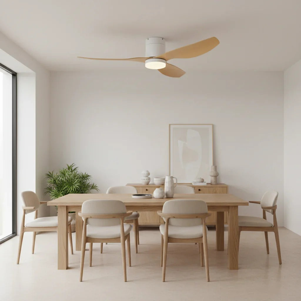 Agua - Ventilateur de plafond LED intégrée blanc et bois clair